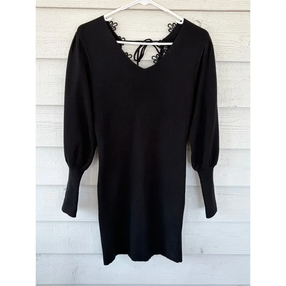 *NWT* Flattering BTFBM Black Ribbed Knit Mini Dress Lace-Up Back Size M - Picture 3 of 9